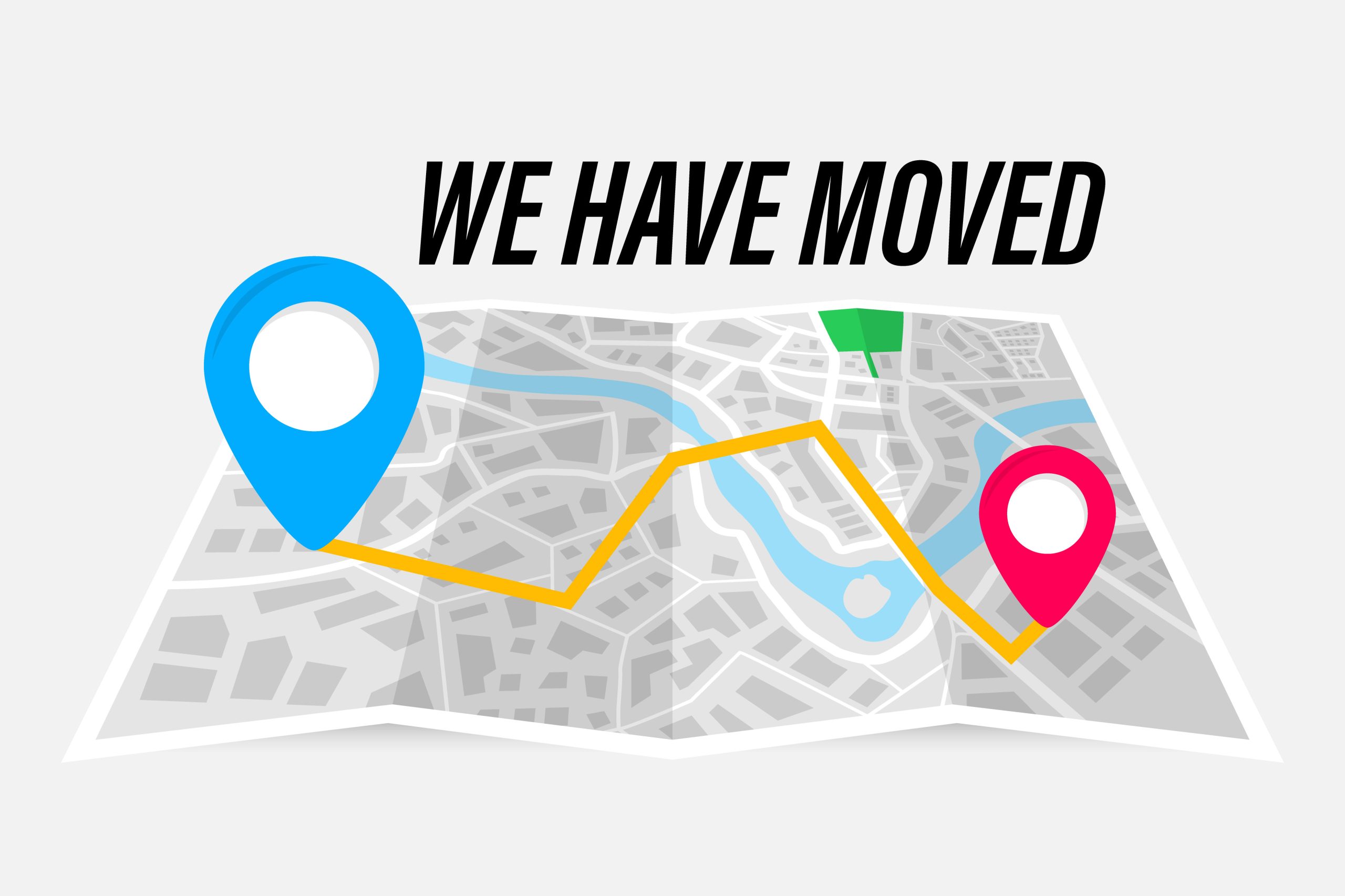 Folded paper map with indication of the moving address. Route on the map. We`re moved new office, changed address navigation location.